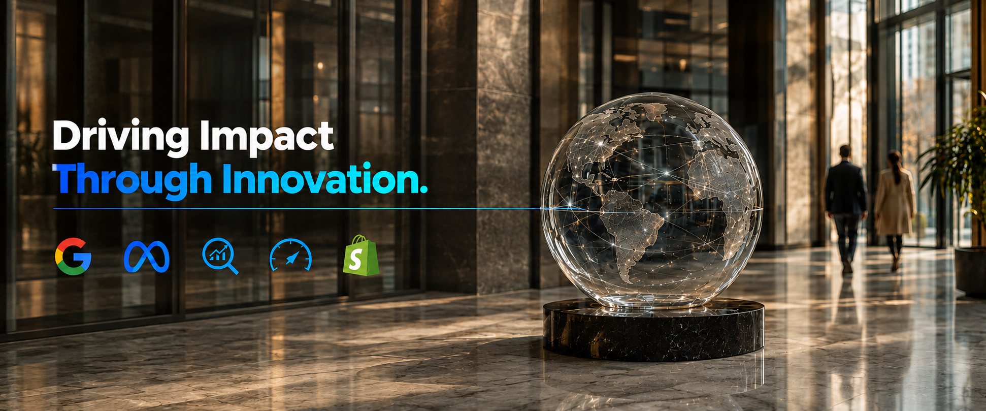 Glass globe with glowing network lines in a modern corporate lobby, with the message Driving Impact Through Innovation.